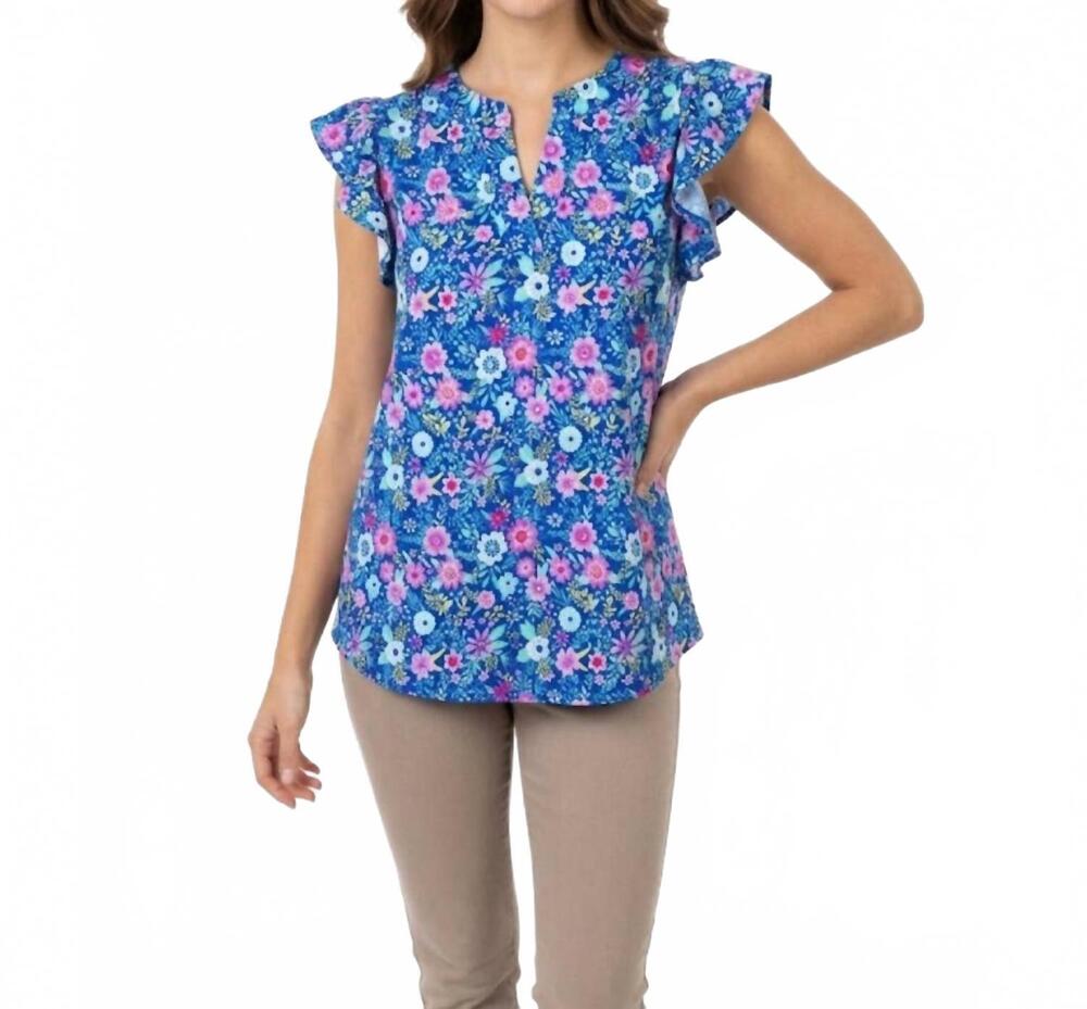 NEW DEAR SCARLETT lizzie flutter sleeves floral print top in royal